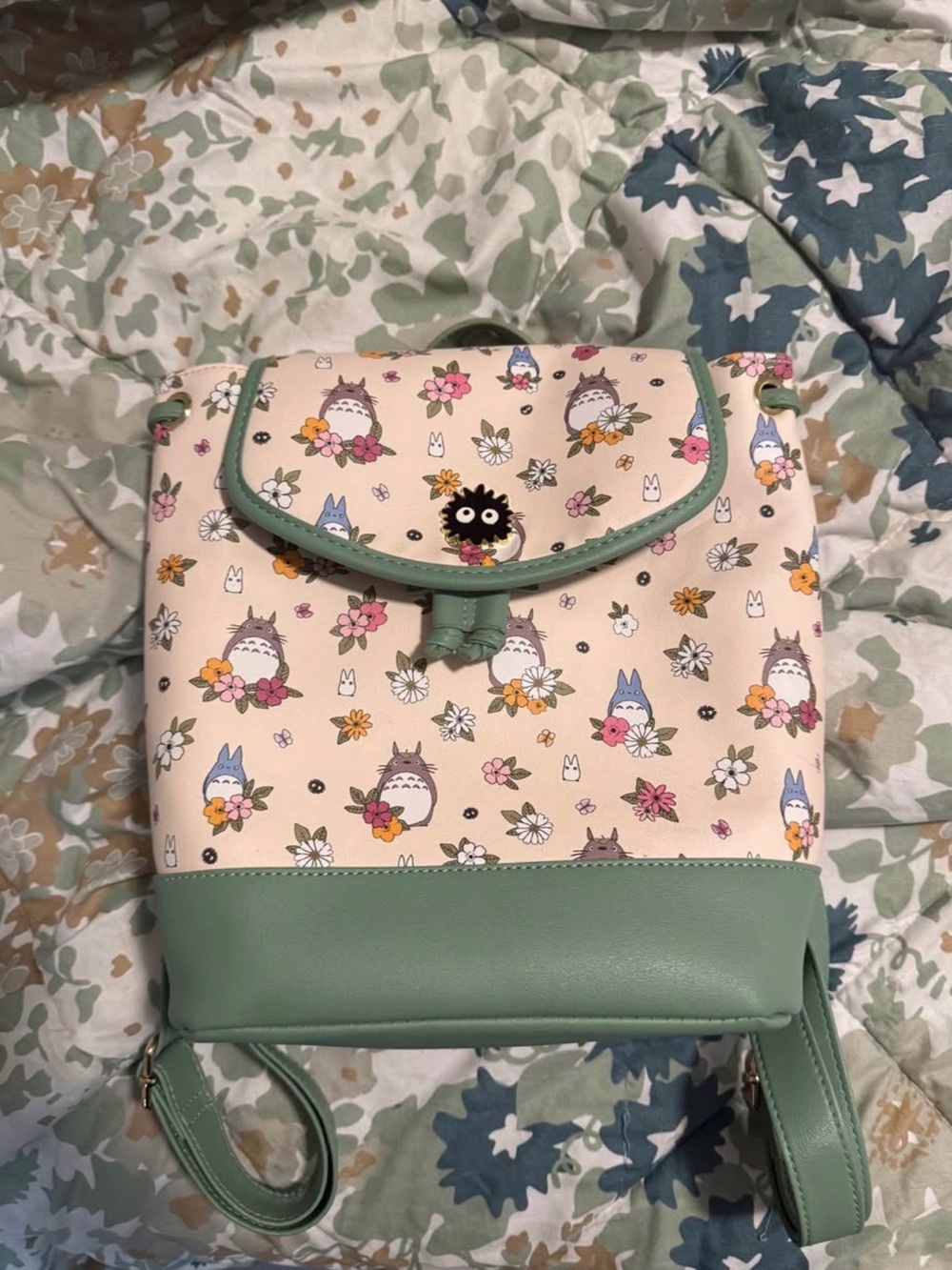 Mint Green Floral Totoro Print Backpack